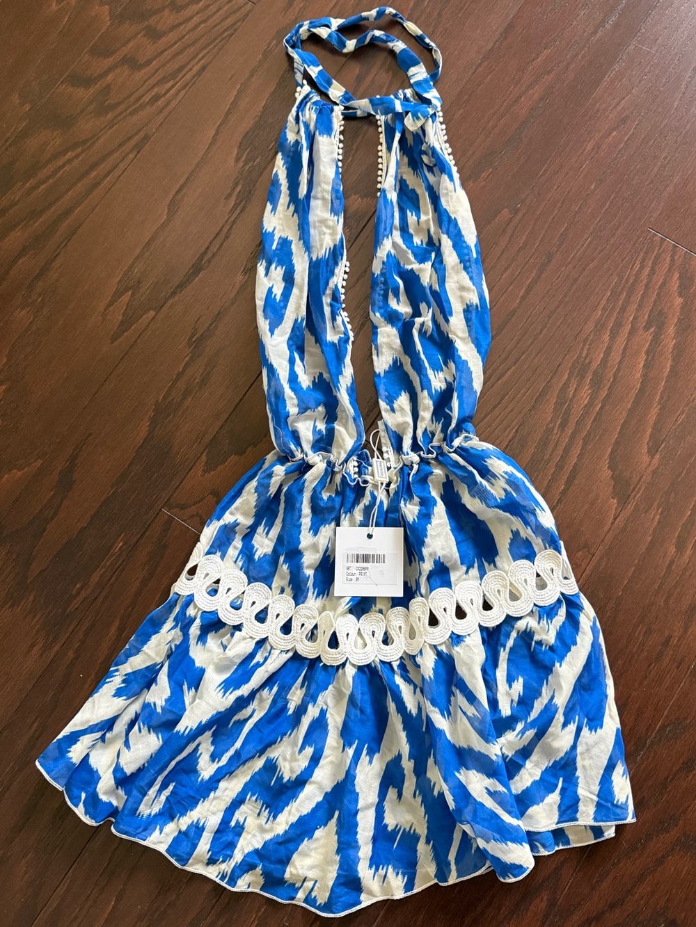 Blue and White Halter Sundress with Crochet Waist